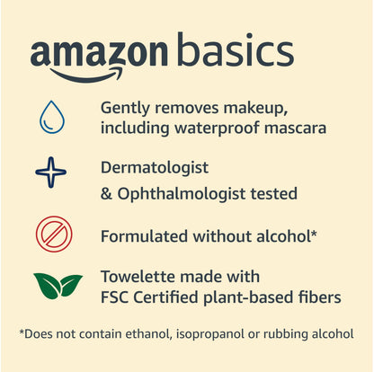 Amazon Basics Makeup Remover Wipes, Formulated without Fragrance and Alcohol-Free, Gentle Cleansing, Removes Waterproof Mascara, Dermatologist Tested, 25 Count, Pack of 2