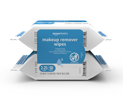 Amazon Basics Makeup Remover Wipes, Formulated without Fragrance and Alcohol-Free, Gentle Cleansing, Removes Waterproof Mascara, Dermatologist Tested, 25 Count, Pack of 2