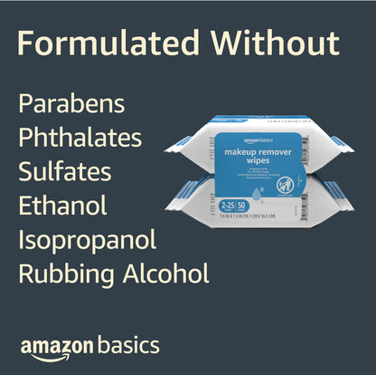 Amazon Basics Makeup Remover Wipes, Formulated without Fragrance and Alcohol-Free, Gentle Cleansing, Removes Waterproof Mascara, Dermatologist Tested, 25 Count, Pack of 2