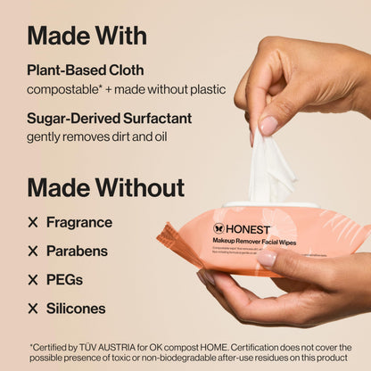 Honest Beauty Fragrance Free Cleansing Makeup Remover Facial Wipes | Plant Based, Hypoallergenic, Gentle for Sensitive Skin | 30 Count